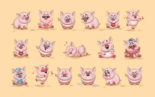 Изолированные Emoji персонаж мультфильм Свиньи наклейки смайлики с различными — стоковый вектор