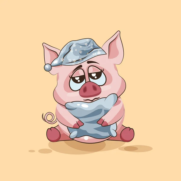 Emoji personaje aislado de dibujos animados soñoliento cerdo en gorra de noche con etiqueta engomada almohada emoticono — Vector de stock