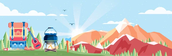 Illust paisaje de día, montañas, amanecer, viajar, naturaleza, olla, fuego, senderismo, gran mochila turística, acampar en estilo plano — Vector de stock