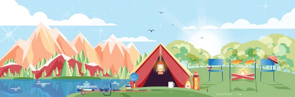 Illustrazione di paesaggio di giorno, montagne, alba, viaggiare, escursionismo, natura, tenda, falò, campeggio in stile piatto — Vettoriale Stock
