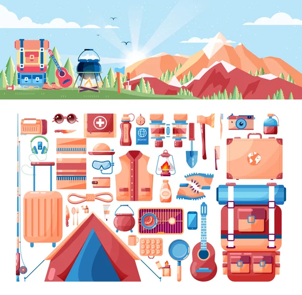 Illustration of day landscape, mountains, sunrise, travel, nature, pot, fire, hiking, backpack, camping, sports equipment for outdoor activities in flat style — Stock Illustration Illustration of day landscape, mountains, sunrise, travel, nature, pot, fire, hiking, backpack, camping, sports equipment for outdoor activities in flat style Vector Graphics