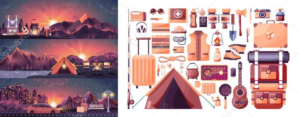 Illustration set of day landscape, mountains, sunrise, travel, hiking, nature, tent, campfire, pot, big tourist backpack, camping, car, city daylife, bench, luggage, tour in flat style — Stock Illustration Illustration set of day landscape, mountains, sunrise, travel, hiking, nature, tent, campfire, pot, big tourist backpack, camping, car, city daylife, bench, luggage, tour in flat style Stock Illustration