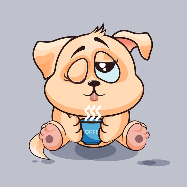 Aislado Emoji personaje de dibujos animados perro acaba de despertar con la taza de café etiqueta emoticono — Archivo Imágenes Vectoriales