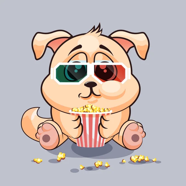 Emoji character cartoon dog chewing popcorn, watching movie in 3D glasses sticker emoticon — Stock Vector