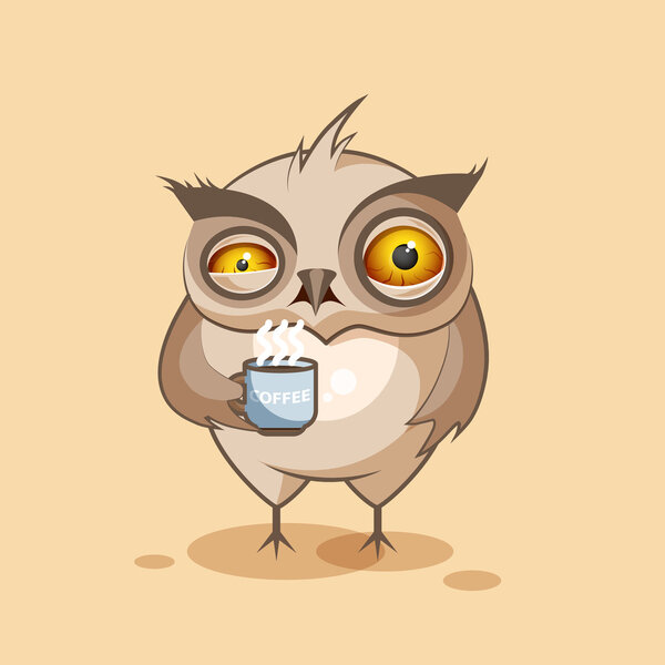 isolated Emoji character cartoon owl nervous with cup of coffee sticker emoticon