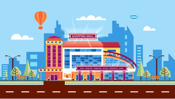 Ilustración calle de la ciudad con Moll, centro comercial, arquitectura moderna en estilo plano — Vector de stock