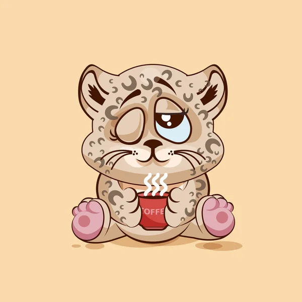 Emoji personagem desenho animado filhote de leopardo acabou de acordar com xícara de café adesivo emoticon —  Vetores de Stock