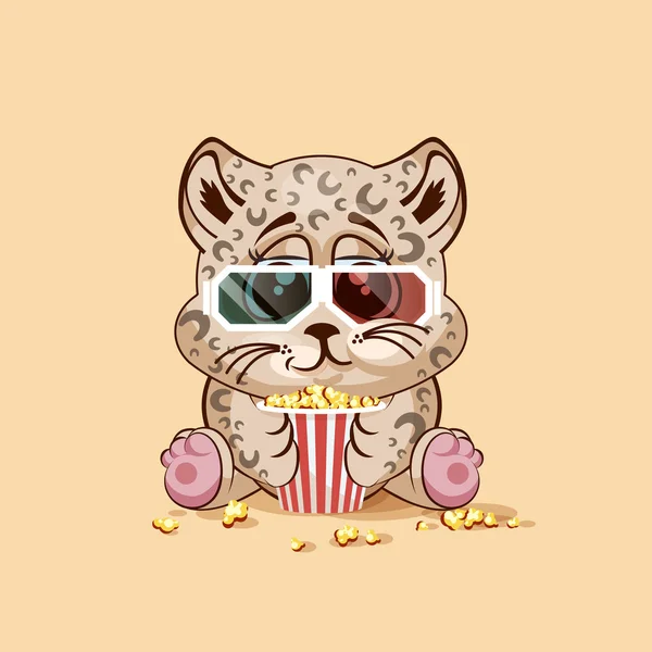 Emoji character cartoon Leopard cub chewing popcorn, watching movie in 3D glasses sticker emoticon — Stock Vector