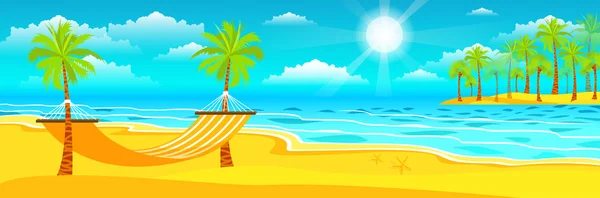 Illustration eines glücklichen, sonnigen Sommertages am Strand mit Hängematte auf der Insel, helle Sonne, Palmen im flachen Stil — Stockvektor