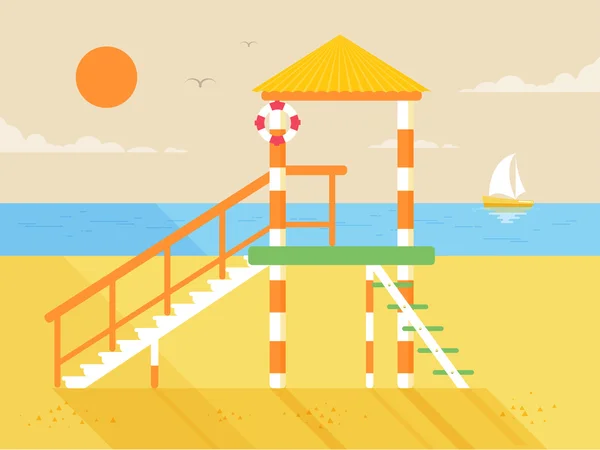해변에서 행복한 화창한 여름 날의 그림, 평평한 스타일의 밝은 태양과 섬에 인명 구조 탑 — 스톡 벡터