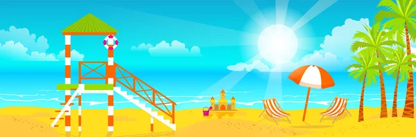 在海滩上快乐阳光明媚的夏日。岛上的救生塔，阳光明媚，棕榈树在平坦的风格 — 图库矢量图片