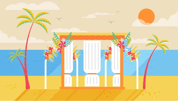 Illustrazione di felice giornata estiva di sole in spiaggia con l'entourage di nozze sull'isola. Sole luminoso, palme in stile piatto — Vettoriale Stock