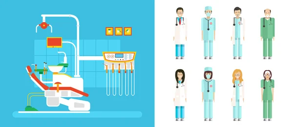 Zubní ordinace s dentálním křeslem, lékařský personál v plochém stylu — Stockový vektor