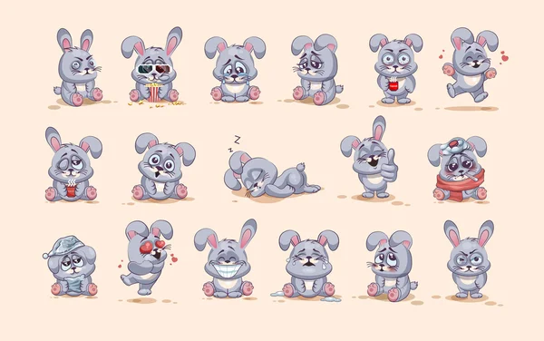 Isolé personnage Emoji bande dessinée gris leveret autocollants émoticônes avec différentes émotions — Image vectorielle