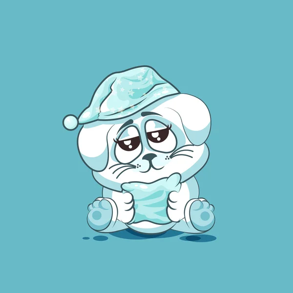 Aislado Emoji personaje de dibujos animados somnoliento palanca blanca en gorra de noche con etiqueta engomada almohada emoticono — Vector de stock