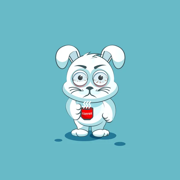 孤立的表情符号字符卡通白色小兔紧张与杯咖啡贴纸图释 — 图库矢量图片