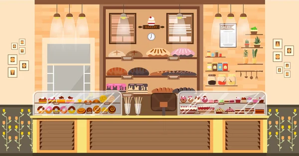 Intérieur de boulangerie, vente de pâtisseries, commerce de boulangerie, boulangerie et boulangerie pour la production de boulangerie — Image vectorielle