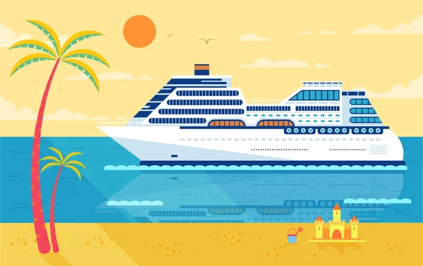 Ilustração de navio de cruzeiro isolado, vista lateral, perto da praia, palmeiras —  Vetores de Stock