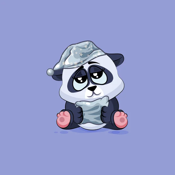 Illustratie geïsoleerd Emoji teken cartoon slaperig Panda in slaapmutsje met kussen sticker emoticon — Stockvector