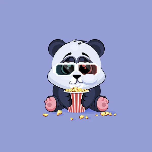 Ілюстрація персонажа емодзі мультфільм Панда жує попкорн, переглядаючи фільм в 3D окулярах наклейка емоційна — стоковий вектор