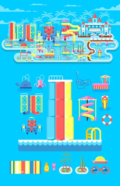 Ilustración conjunto elementos parque acuático — Archivo Imágenes Vectoriales