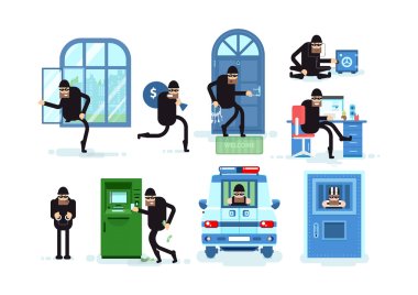 Set offenders, thief breaks window, running with bag of money clipart