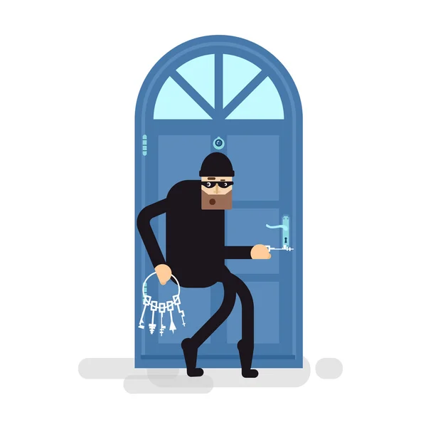 Ladrão de ilustração isolado, ladrão foge para a porta, atacante segurando um monte de chaves de esqueleto —  Vetores de Stock
