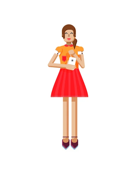 Illust aislado de muchacha europea con pelo castaño en falda acampanada roja, blusa, pantalla táctil, smartphone en mano — Vector de stock