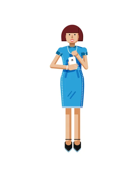 Illust aislado de la mujer europea de mediana edad, pelo castaño, vestido azul, pantalla táctil, muchacha con smartphone en la mano — Vector de stock