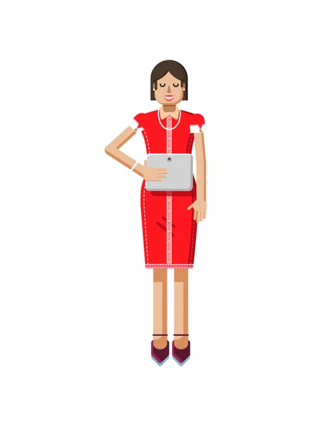 孤立的鲜红色的裙子和笔记本电脑的黑头发的欧洲女人的插图 — 图库矢量图片