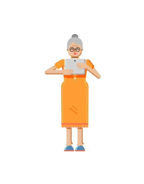 Abbildung einer europäischen Rentnerin, älteren Frau, weißem Haar, Brille, mit Laptop — Stockvektor