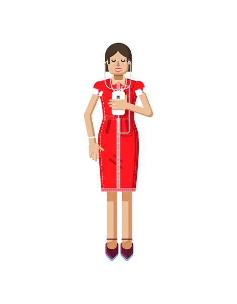 Ilustracja na białym tle Europejska dziewczyna z ciemnych włosów w czerwoną sukienkę, buty na obcasie, Kobieta i smartphone — Wektor stockowy