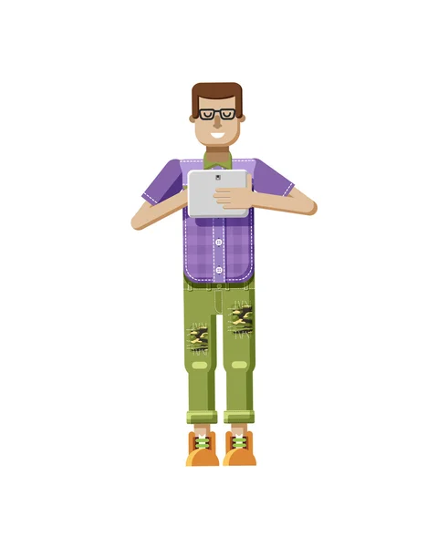 Illustrazione isolata dell'uomo europeo in camicia a scacchi viola, pantaloni, toppe, in occhiali, con computer portatile — Vettoriale Stock