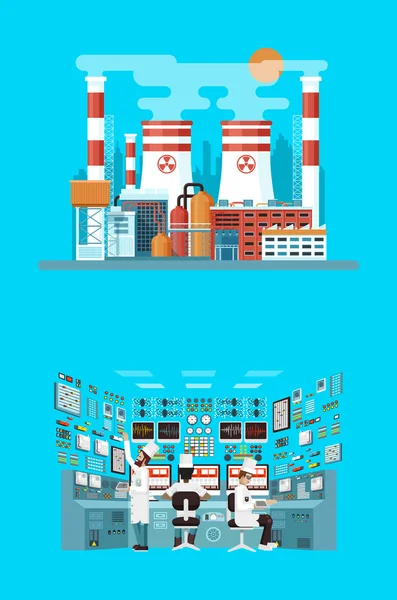 フラットスタイルのファサード建築原子力発電所のイラスト — ストックベクタ