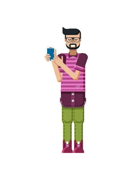 Ilustracja na białym tle Europejskiej Ciemnowłosa mężczyzna okulary z brodą, Hipster pasiasty T-shirt, ekran dotykowy smartphone ręcznie w stylu płaskim — Wektor stockowy