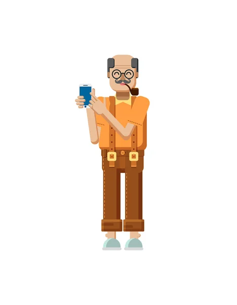 Illust jubilado europeo aislado del anciano, pelo gris, bigote, en gafas, tubería en la boca, pantalones con los aparatos ortopédicos, viejo teléfono inteligente de la pantalla táctil con el estilo plano de la mano — Vector de stock