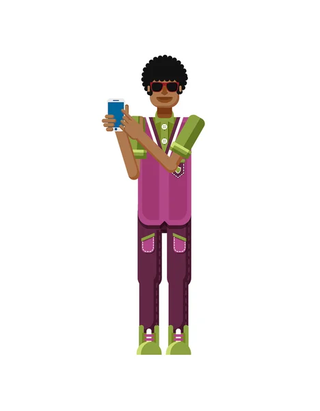 插图孤立的非裔美国男子黑头发，触摸屏智能手机在平面风格手 — 图库矢量图片