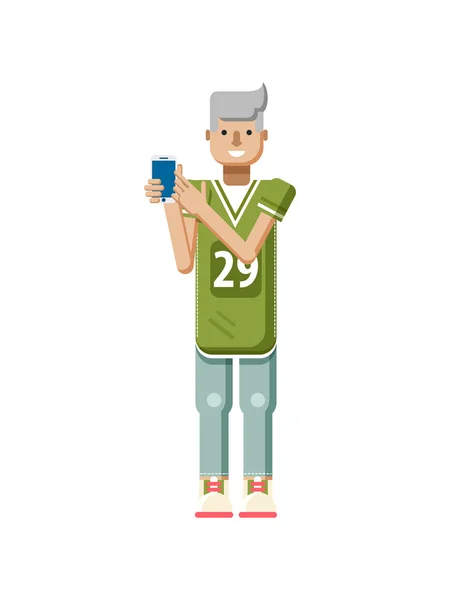Illustrazione isolata di uomo biondo europeo in camicia sportiva e pantaloni della tuta, smartphone touch screen a mano in stile piatto — Vettoriale Stock