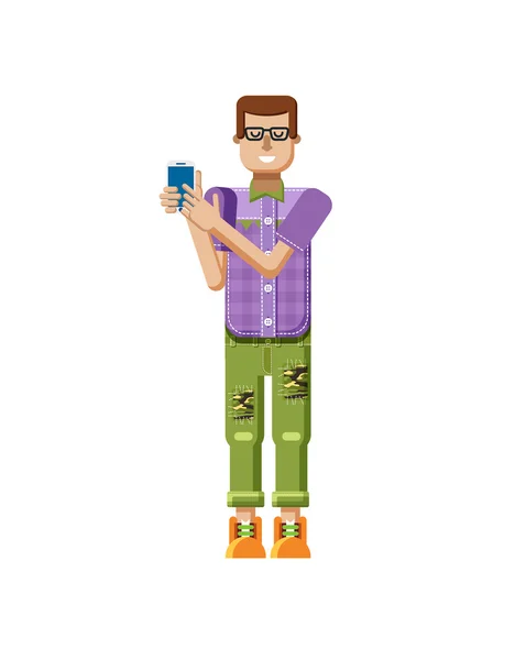 Ilustracja na białym tle Europejskiego człowieka w purpurowej koszulę, Spodnie, łaty, w okularach, smartfon z ekranem dotykowym ręcznie w stylu płaskim — Wektor stockowy