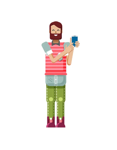 Ilustración aislada de hipster europeo con pelo y barba marrón oscuro, teléfono inteligente de la pantalla táctil del hombre a mano en estilo plano — Archivo Imágenes Vectoriales