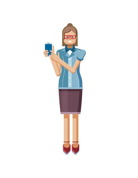 插图孤立的欧洲棕色头发妇女与眼镜，时髦的上衣扣，触摸屏智能手机在平面风格手 — 图库矢量图片