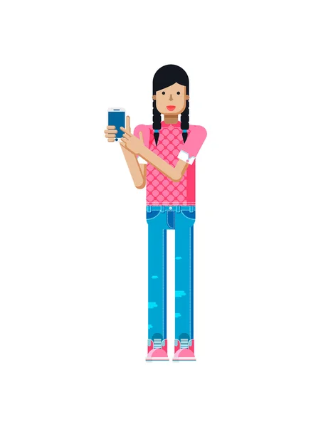 Illustration isoliert von europäischen Mädchen in rosa Bluse, blaue Jeans, dunkle lange Haare, Zöpfe, Frau Touchscreen-Smartphone von Hand in flachem Stil — Stockvektor