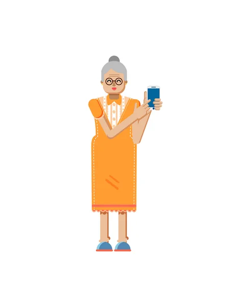 插图孤立的欧洲退休人员，老年妇女，白发，眼镜，触摸屏智能手机在平面风格手工 — 图库矢量图片