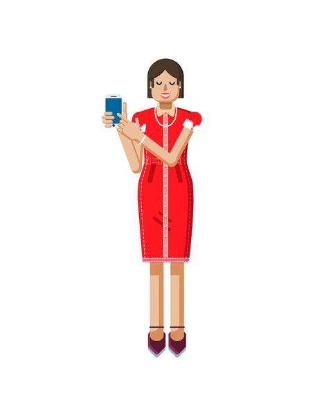 Ilustracja na białym tle Europejskiej kobiety z ciemnymi włosami w czerwonej sukni, wysokie obcasy buty, ekran dotykowy smartphone ręcznie w stylu płaskim — Wektor stockowy