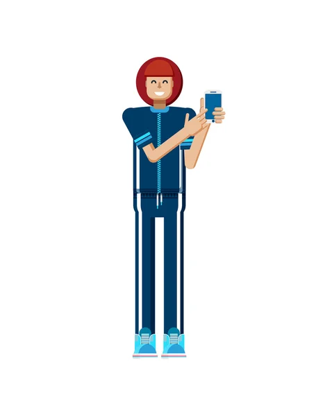 Illustration isolated of European woman red hair in tracksuit, athlete, touch screen smartphone by hand in flat style — Stock Vector