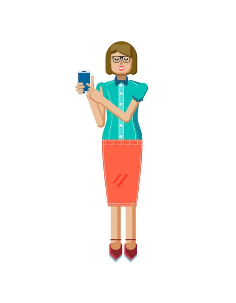 插图孤立的欧洲浅棕色头发的女人，在眼镜，与裙子，上衣，智能手机手工在平的风格 — 图库矢量图片