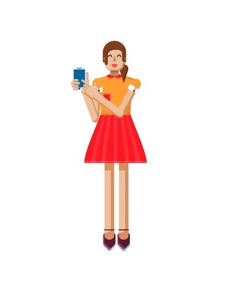 图孤立的欧洲女孩长着棕色头发的红色喇叭裙、 衬衫，触摸屏智能手机在手 — 图库矢量图片
