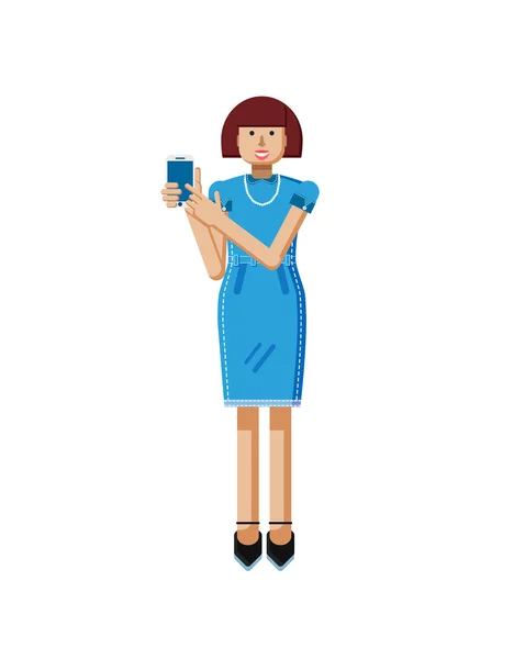 插图孤立的欧洲中年妇女，棕色的头发，蓝色的礼服，触摸屏智能手机在平面风格手工 — 图库矢量图片