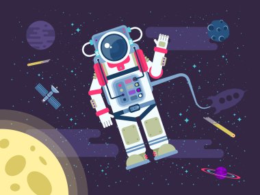 düz bir tarzda ay yakınında uzayda uçan bir astronot veya kozmonot illüstrasyon