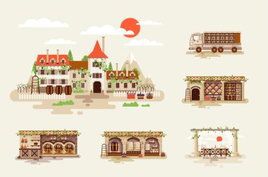 Gösterim amacıyla şarap iş, cephe ve iç şaraphane üzüm bağları, Dükkanı, kiler, düz stil ulaşım teslim viski alkollü içecek ile